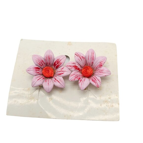 Vintage 1980s Pink Hand Painted Flower Clip-On Earrings - Picture 1 of 4
